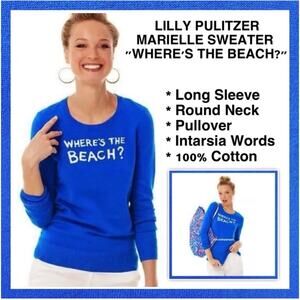 #T17 LILLY PULITZER MARIELLE SWEATER BREWSTER BLUE "WHERE'S THE BEACH?" XS $125